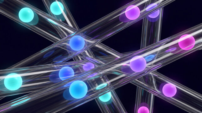 Crisscrossed glass 3D rods intersecting around glowing orb nodes