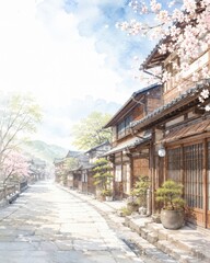 Fototapeta premium 満開の桜が咲く古い町家の石畳の路地、日本の春の町並みを描いた水彩イラスト（縦構図）