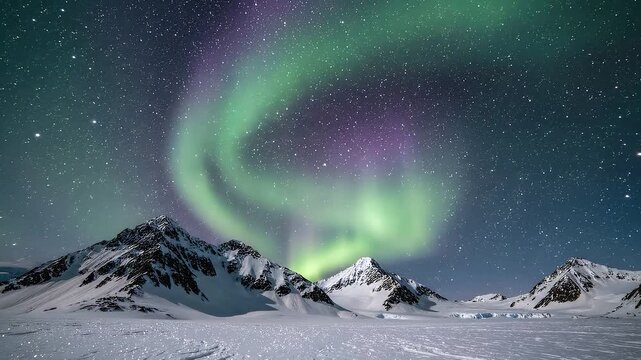 Aurora Borealis Rippling Over Snow Capped Mountain Peaks at Night