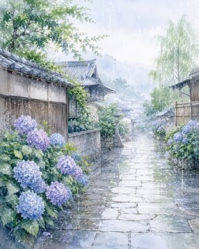 雨に濡れた石畳の路地に咲く紫陽花と日本の古い町並み、梅雨の静かな情景を描いた水彩イラスト（縦構図）