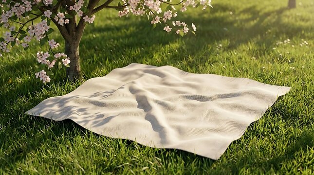 A serene spring scene with a blank picknickdecke spread under a blooming cherry blossom tree on lush green grass during a beautiful sunny afternoon