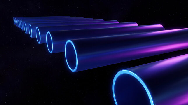 Neon-rimmed 3D pipes rendered floating in a starry void