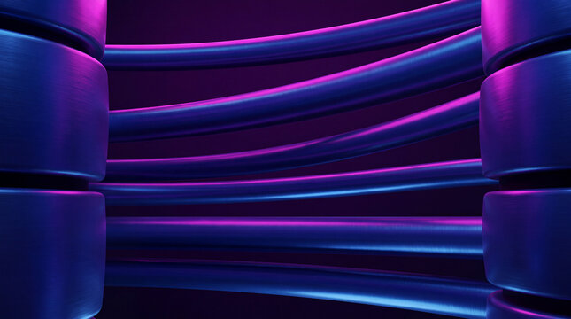 Crossing brushed 3D pipes rendered with pink and blue neon