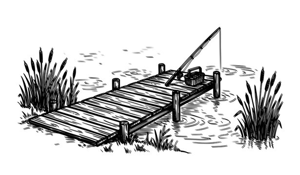 Rustic Wooden Lake Pier with Fishing Gear and Reeds Black Outline Vector