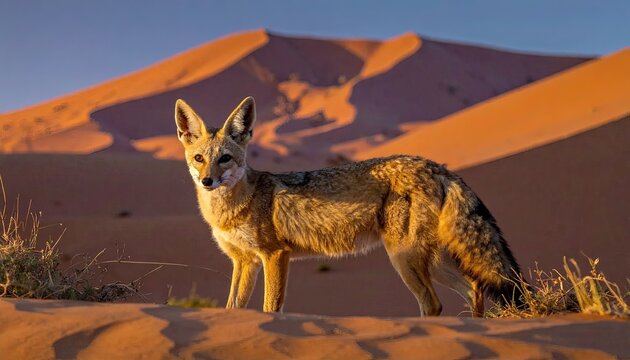 Cunning Desert Fox Standing on Sand Dunes at Sunset