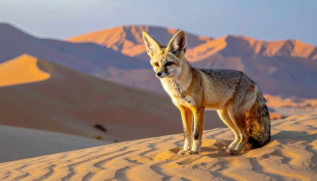 Fennec Fox Standing on Desert Dune at Sunset
