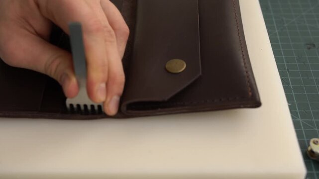 Leatherworker punching stitching holes in a brown leather wallet using a pricking iron and hammer in a workshop