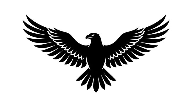 Majestic eagle silhouette with spread wings, black hawk icon on white background, powerful bird of prey logo for branding and sports mascots