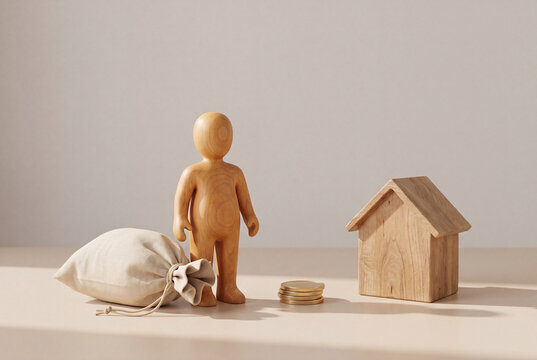 Mortgage rate relief, wooden figure setting down a heavy money sack beside a house and coins, debt lifted