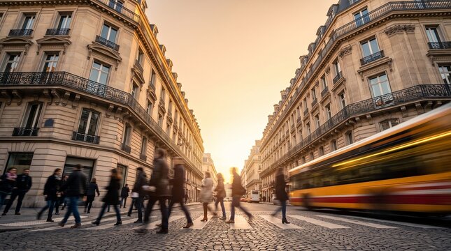 Pedestrians and Bus in Motion on Paris Street at Sunset