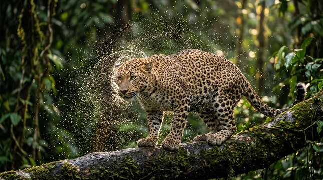Wild Leopard Shaking Off Water on Tree Branch in Rainforest