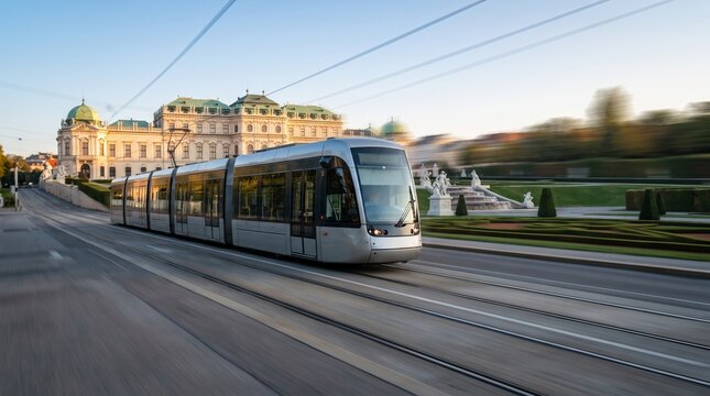 Modern Tram Moving in Front of Historic European Palace