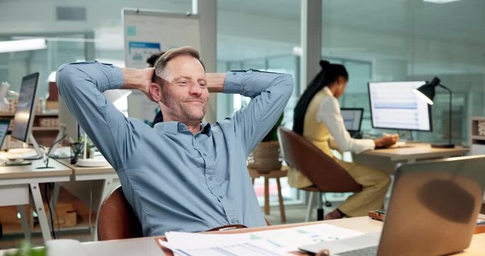 Businessman, relax and stretching with laptop in office for finished tasks or project completion. Happy man, employee or break with smile on computer for done deadline or productive day in workplace