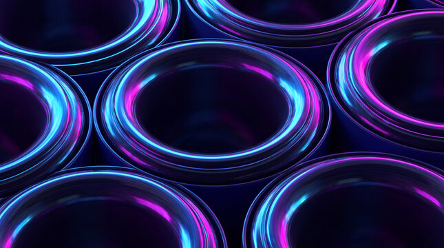 Tightly packed 3D rings glowing in cyan and magenta light