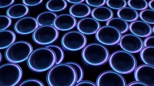 Dark 3D circular wells rimmed with cyan and pink light