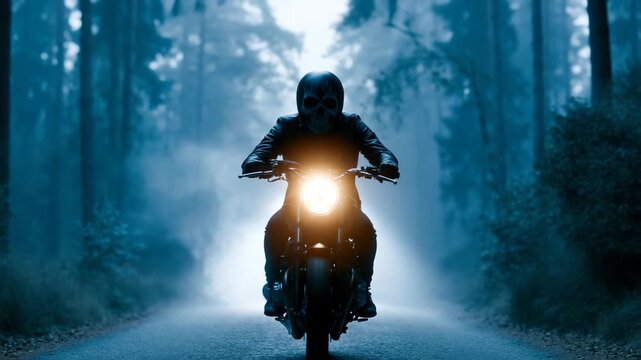 Biker wearing skull helmet riding motorcycle through dark foggy forest in this cinematic motion video clip