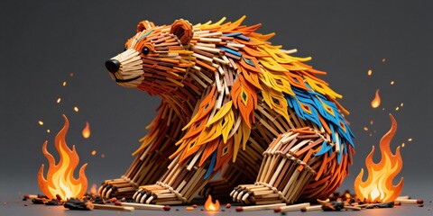Fototapeta premium Bear sculpture made from matchsticks. Artwork resembles a phoenix with fiery plumage. Small flames and burnt matches surround the creation, suggesting a connection to fire and transformation.