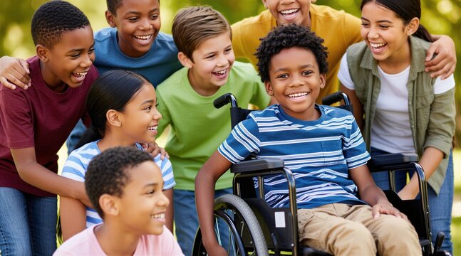 Diverse group of happy kids gathered together, one boy in wheelchair. Smiling children, boys and girls play outside, enjoy friendship, fun, and pure childhood joy.