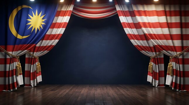 Malaysia flag curtains on a theater stage with spotlights