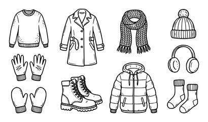 Cozy Winter Wardrobe Hand Drawn Garment Collection Outline Black White Vector © mstRehena