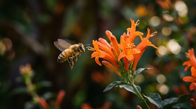 Honey bee flying to collect nectar from an orange flower in the garden