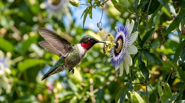 Ruby throated hummingbird feeding on a purple passion flower in garden