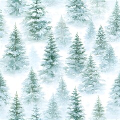 Fototapeta premium Winter patterns show dense evergreen trees with a snowy background