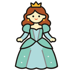Cute fairytale princess brown hair green gown in retro bold outline offset style vector illustration © Lily Angel Studio