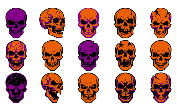 A detailed halloween vector bundle featuring various orange and purple skull designs for spooky holiday graphic design projects