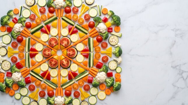 Vegetables arranged in a symmetrical mandala pattern display vibrant colors and fresh sliced textures on a white marble background.