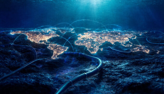 Underwater submarine fiber optic data cable resting on ocean floor beneath illuminated coastal city map with submarine underwater illumination telecommunications infrastructure internet