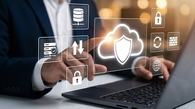 Cloud Security Protection: Businessman Touching White Holographic Cloud Shield with Data Encryption Icons