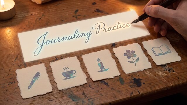 Journaling and mindfulness practice concept, person writing in journal with digital icons, mental wellness, self-reflection, creative writing, therapeutic habits, relaxation