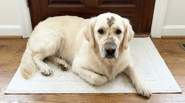 Funny Dirty Golden Retriever Dog Lying on White Rug with Mud on Face