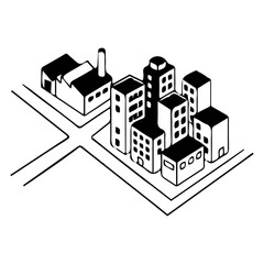 Isometric city buildings sketch with factory and streets line art  © Tangila