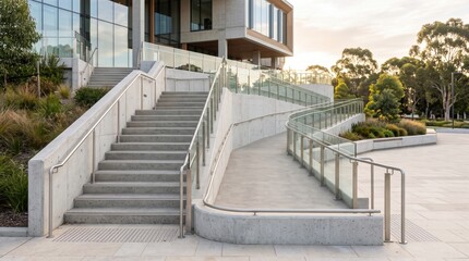 Fototapeta premium Modern building entrance with concrete stairs and accessible ramp