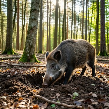 Wild boar digs in forest soil looking for food. Mammal searches ground for roots in woodland under soft sunlight. Feral hog probes earth with snout in nature habitat. Animal explores environment