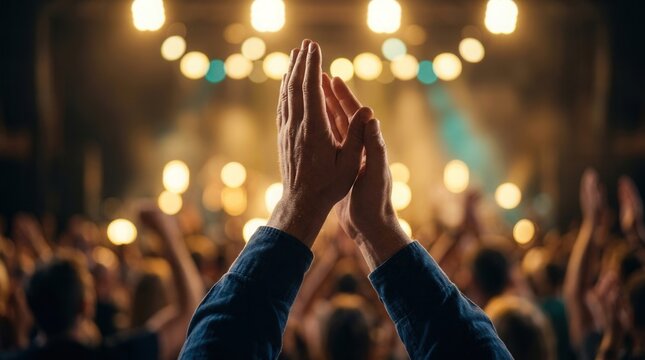 Hands clap in unison under stage lights as the audience applauds a performer.