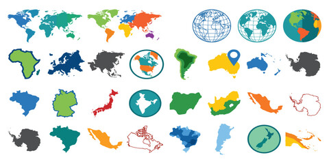 World Map Vector Set Continent Country Silhouette Globe Geography Clipart Collection © VECTOR STUDIO