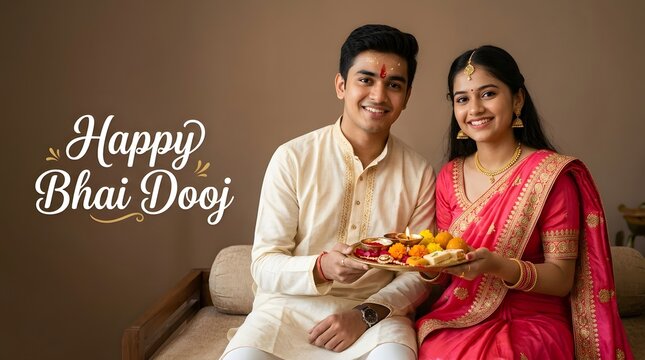 Happy bhai dooj celebration with a young indian brother and sister holding a traditional puja thali