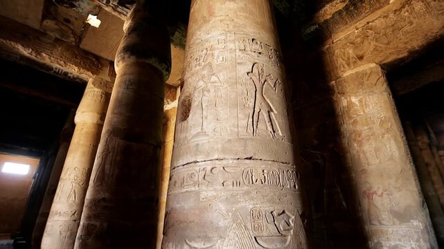 Ancient hall of the Abydos Temple with towering columns and intricate hieroglyphs, showcasing the spiritual depth and architectural mastery of Ancient Egypt.