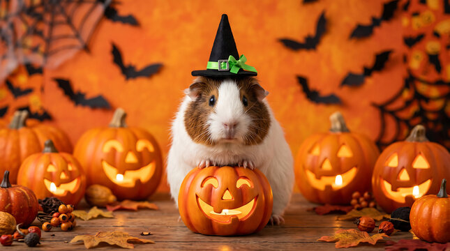 A cute guinea pig wearing a witch hat sitting on a glowing jack o lantern for halloween