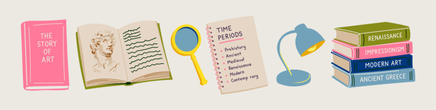 Art History Study Icon Set with Books, Magnifying Glass, Notes on Time Periods, Desk Lamp and Sculpture, Education Illustration