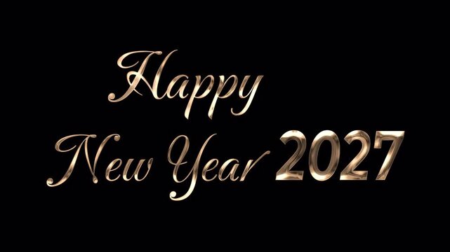 Elegant gold liquid animation forming the text Happy New Year 2027 on a transparent background for vfx and motion graphics projects with a luxury cursive font style