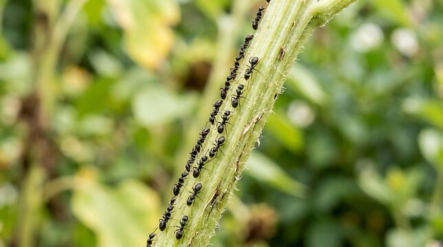 Group of black ants crawling on a green plant stem in the garden