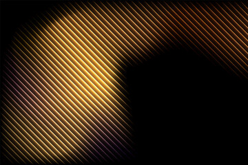 Naklejka premium Abstract golden orange diagonal light stripes forming a flowing wave on black background, elegant glowing curve, futuristic luminous pattern, modern digital technology texture and backdrop