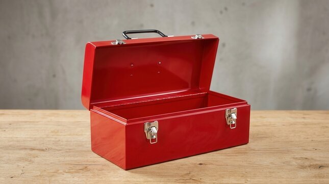 Open empty red metal toolbox on wooden surface.