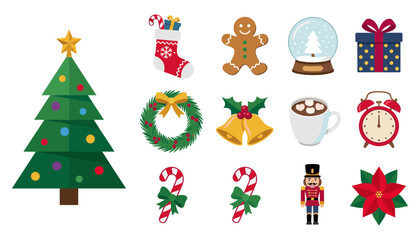 Fototapeta premium Christmas Holiday Celebration Element Set Featuring Decorated Tree Stocking Gingerbread Man Snow Globe Gift Wreath Bells Hot Chocolate Candy Cane and Nutcracker