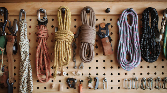 Neatly coiled utility ropes and metal hardware hanging on wooden pegboard in a softly lit workshop