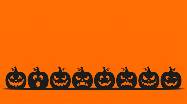 A row of black jack o lantern silhouettes with various spooky facial expressions on an orange background